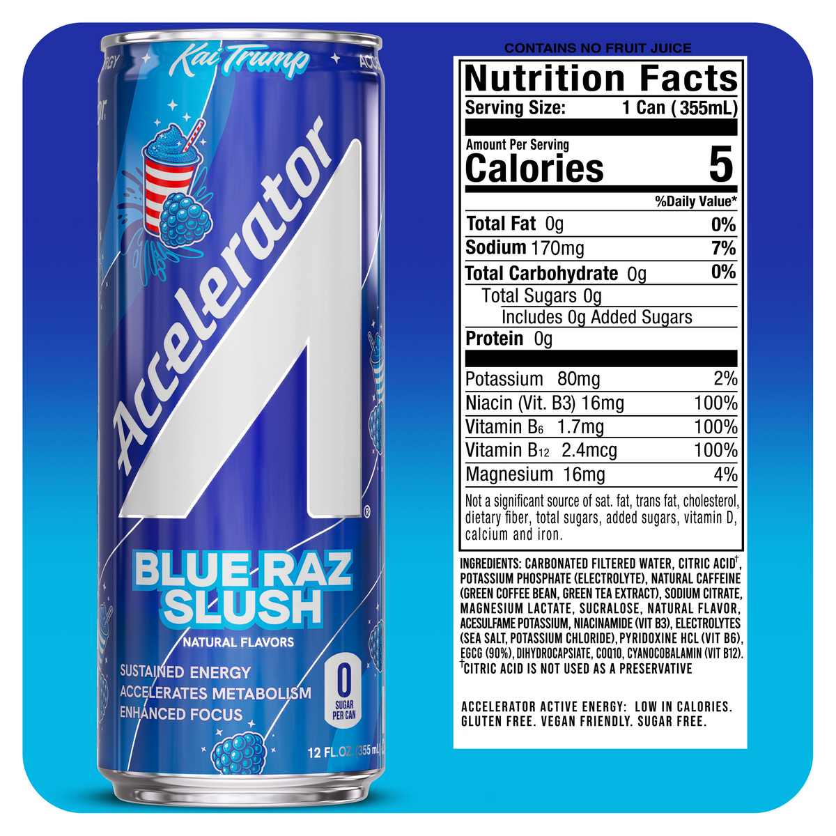 A 12 fl oz can of Ice Trump Accelerator Blue-Razz Slush energy drink shown against a white background, featuring a blue and white can design with a nutrition facts panel on the right.