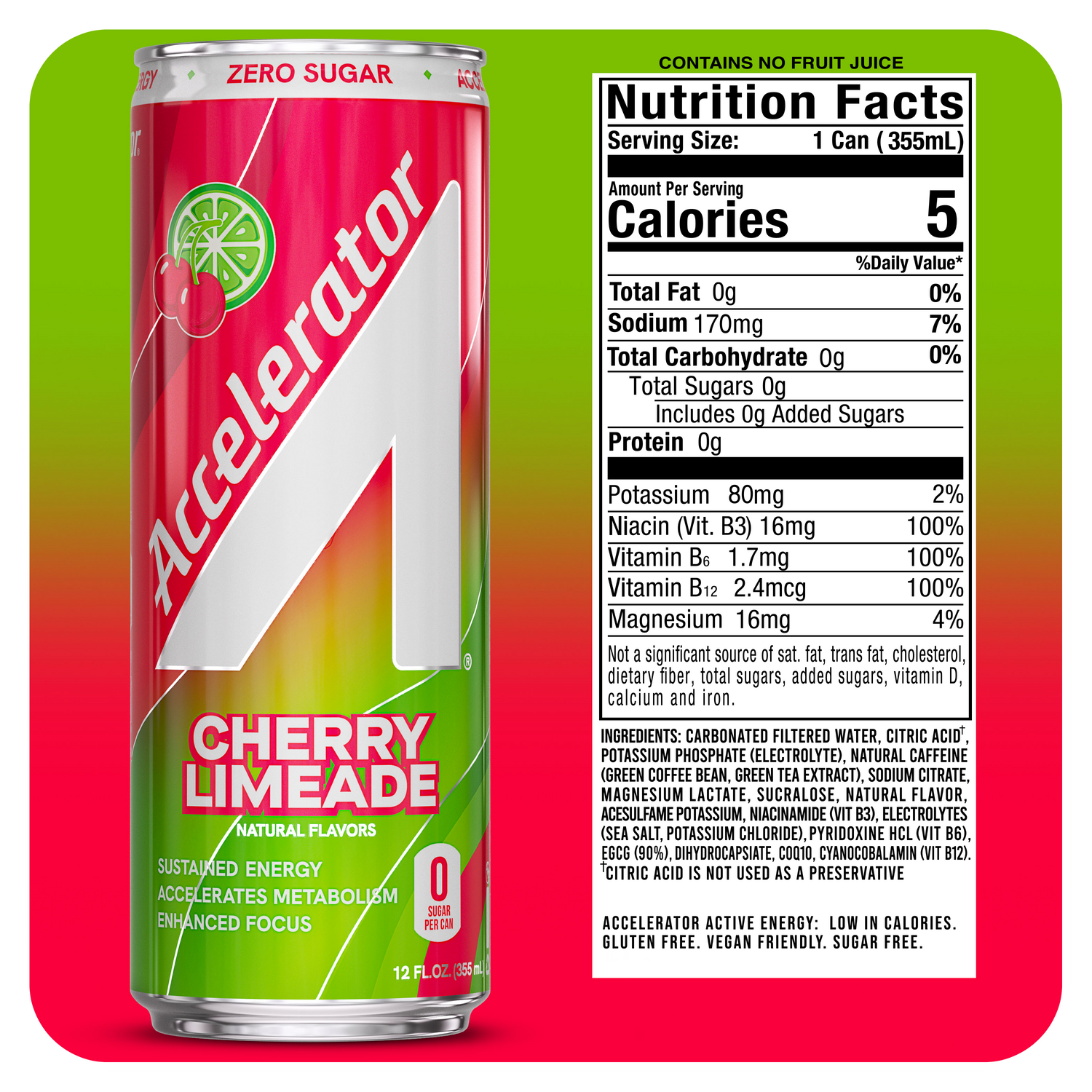 A 12 fl oz can of Accelerator Cherry Limeade energy drink shown next to its nutrition facts label. The can features a red and white design with a lime wedge graphic and the brand name 'Accelerator' in white.