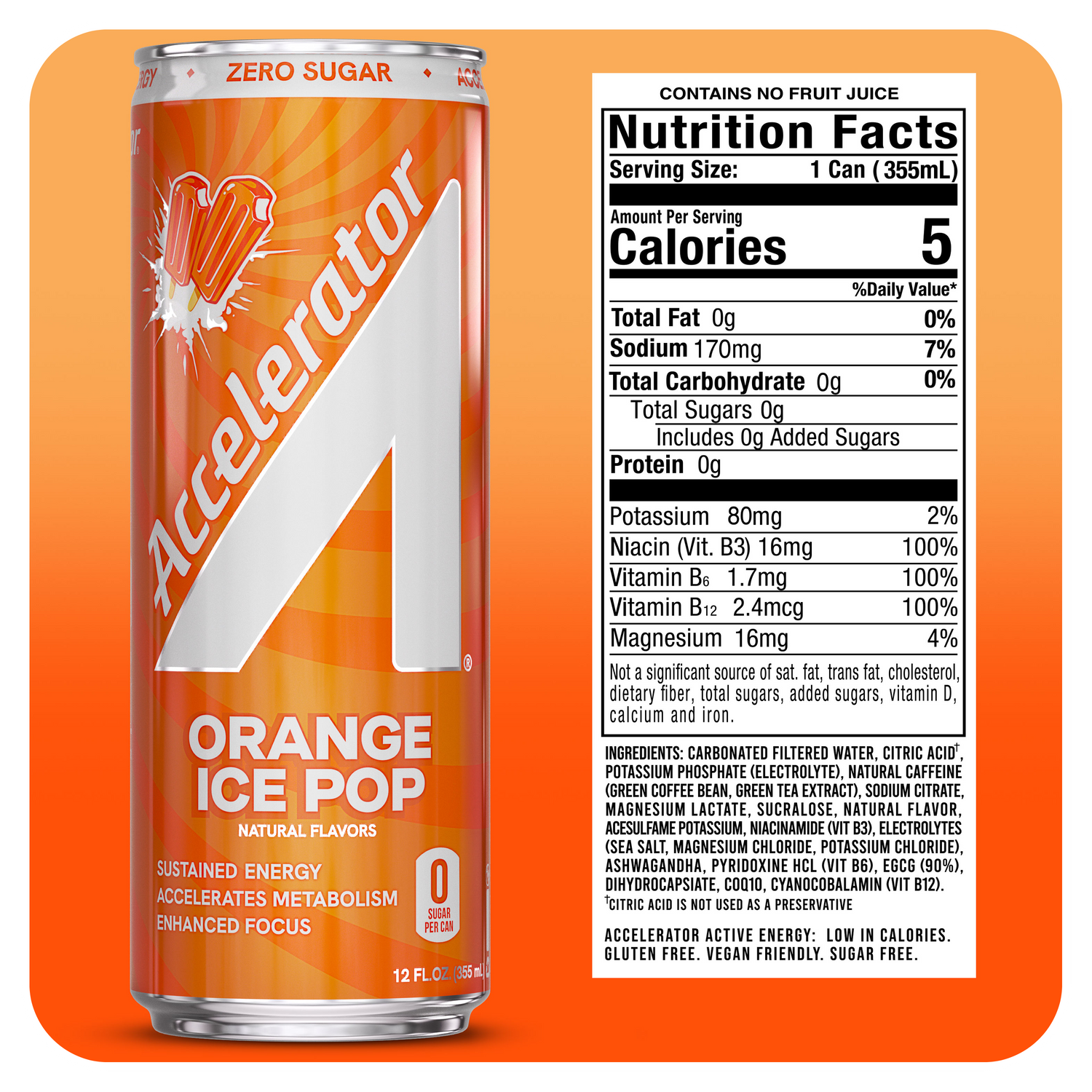 A 12 fl oz can of Accelerator Orange Ice Pop zero sugar drink shown on an orange background with a Nutrition Facts label on the right. The can is orange and white with a diagonal white stripe, and the label reads Zero Sugar, Orange Ice Pop, and includes a nutrition panel.