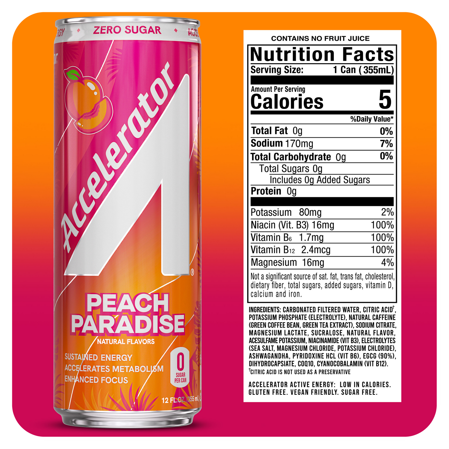 A 12 fl oz can of Accelerator Peach Paradise Zero Sugar sparkling drink shown upright on a white background with a large Nutrition Facts panel beside it. The can is bright pink with peach graphics and the brand name Accelerator prominently visible.