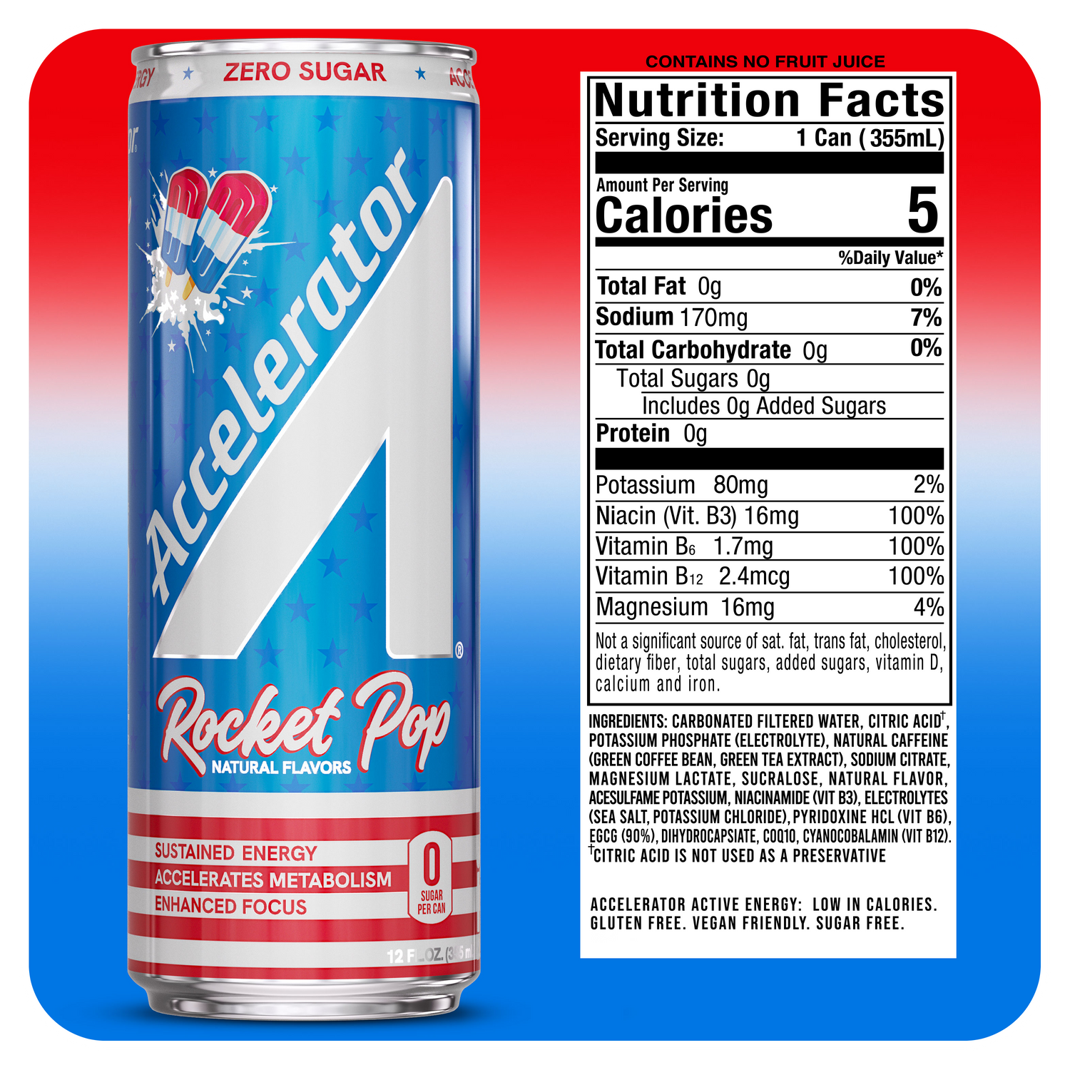 A can of Accelerator Pop Rocket flavor soda shown on a red-to-blue gradient background, with a large Nutrition Facts panel to the right. The can is mostly white and blue with red accents and the brand name Accelerator visible prominently.
