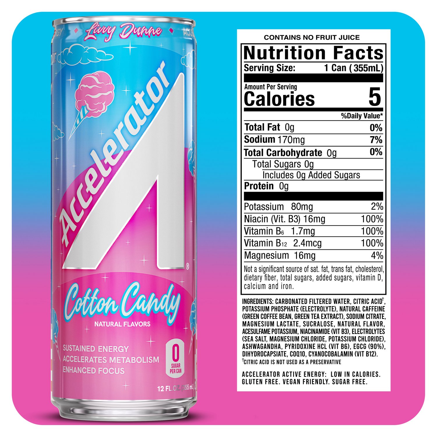 A 12 fl oz can of Leaky Daze Accelerator Cotton Candy flavored energy drink, shown next to its nutrition facts label. The can features a metallic silver and pink design with the brand name 'Accelerator' and flavor 'Cotton Candy' in stylized text.