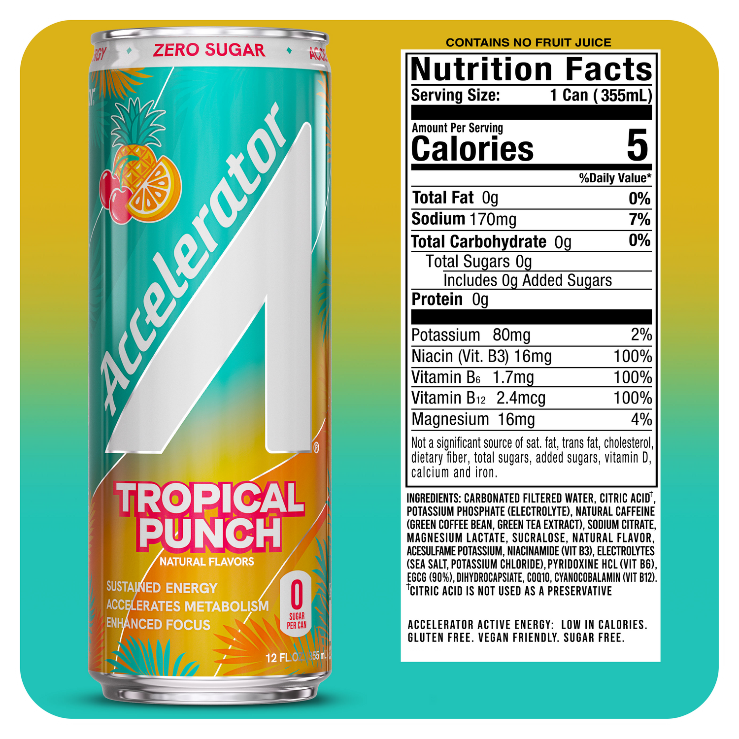 A 12 fl oz aluminum can of Accelerator Tropical Punch drink with a large nutrition facts panel shown beside it on a white background. The can is mostly red and orange with green and white branding, and the label reads Zero Sugar and Tropical Punch.