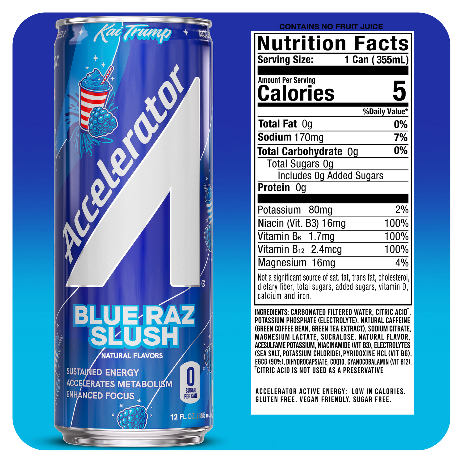 A 12 fl oz can of Ice Trump Accelerator Blue-Razz Slush energy drink shown against a white background, featuring a blue and white can design with a nutrition facts panel on the right.