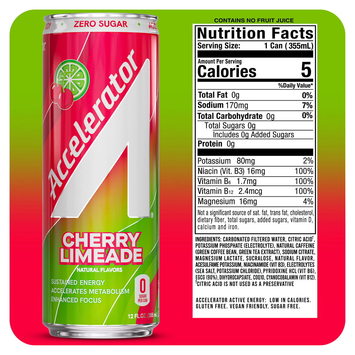 A 12 fl oz can of Accelerator Cherry Limeade energy drink shown next to its nutrition facts label. The can features a red and white design with a lime wedge graphic and the brand name 'Accelerator' in white.