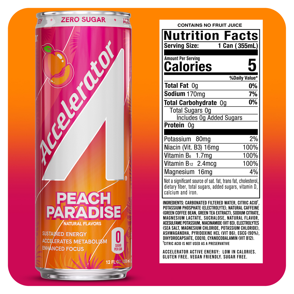 A 12 fl oz can of Accelerator Peach Paradise Zero Sugar sparkling drink shown upright on a white background with a large Nutrition Facts panel beside it. The can is bright pink with peach graphics and the brand name Accelerator prominently visible.