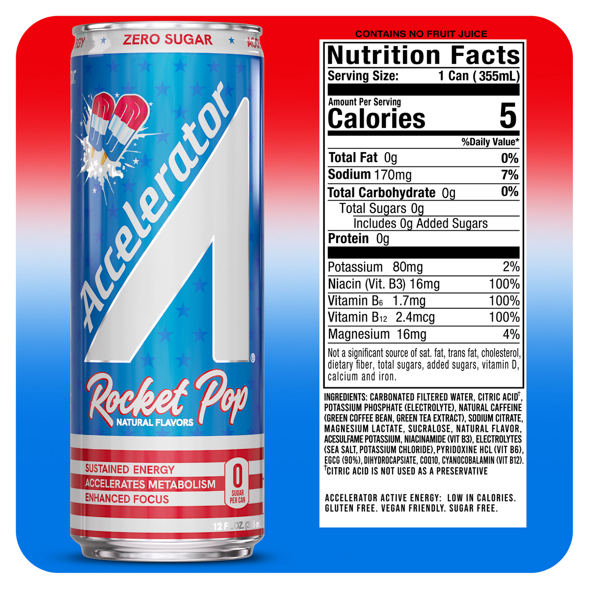 A can of Accelerator Pop Rocket flavor soda shown on a red-to-blue gradient background, with a large Nutrition Facts panel to the right. The can is mostly white and blue with red accents and the brand name Accelerator visible prominently.