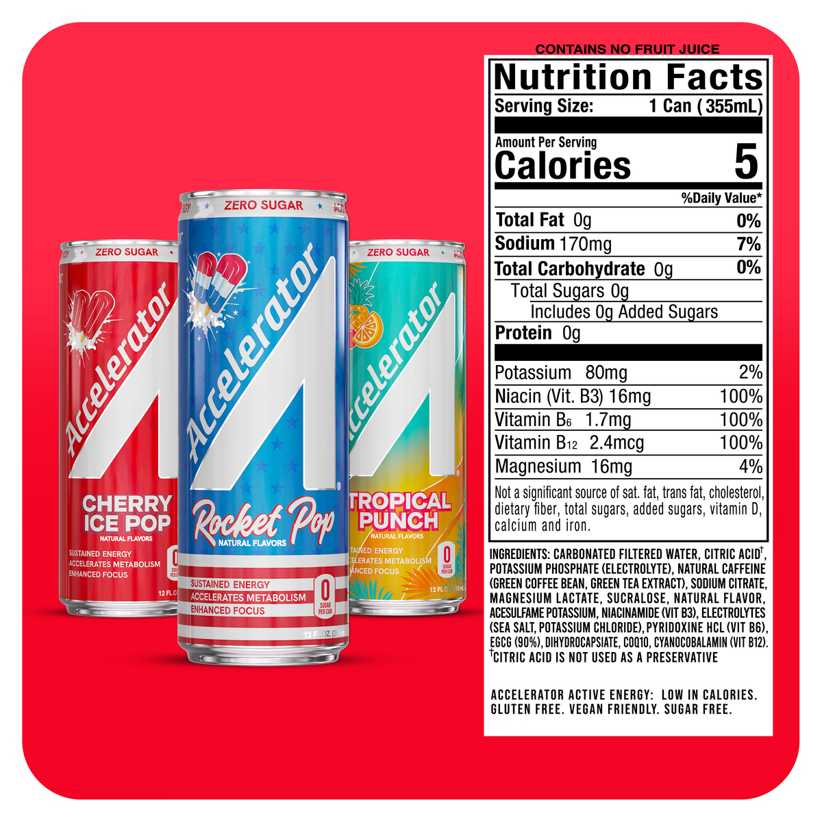 Three 12 fl oz cans of Accelerator Rocket Pop Zero Sugar sparkling drink arranged in front of a large Nutrition Facts label on a red background. The cans are Cherry Ice Pop, Tropical Punch, and Grapefruit flavors.