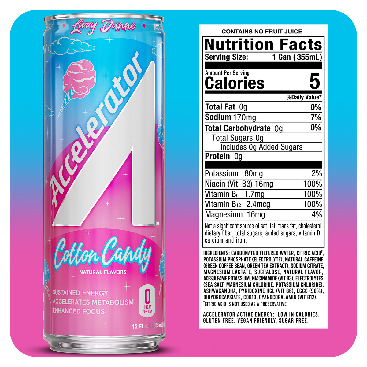 A 12 fl oz can of Leaky Daze Accelerator Cotton Candy flavored energy drink, shown next to its nutrition facts label. The can features a metallic silver and pink design with the brand name 'Accelerator' and flavor 'Cotton Candy' in stylized text.