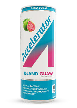 A can of island guava accelerator. It is white with blue accents.