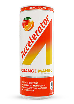 A can of orange mango accelerator. It is white with orange accents.