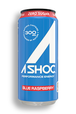 Can of Blue Raspberry Ashoc, blue with white and red accents