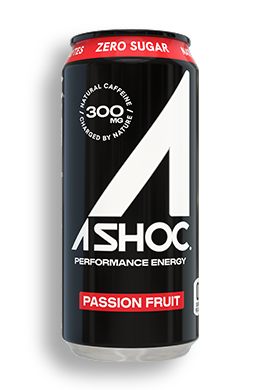 Can of Passion Fruit Ashoc, black with white and red accents